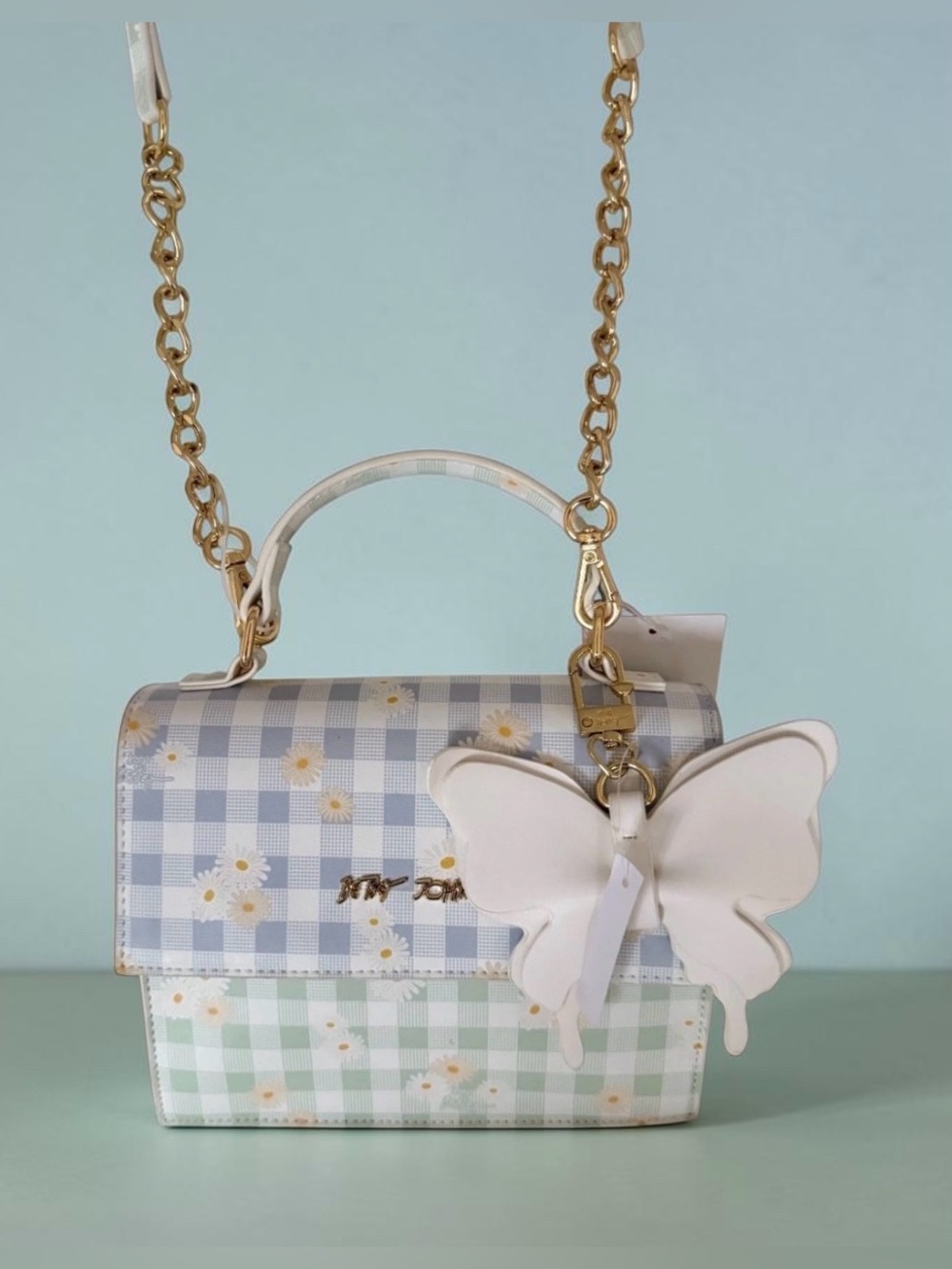 Betsey Johnson Pastel Gingham Daisy Crossbody Bag with Butterfly Charm